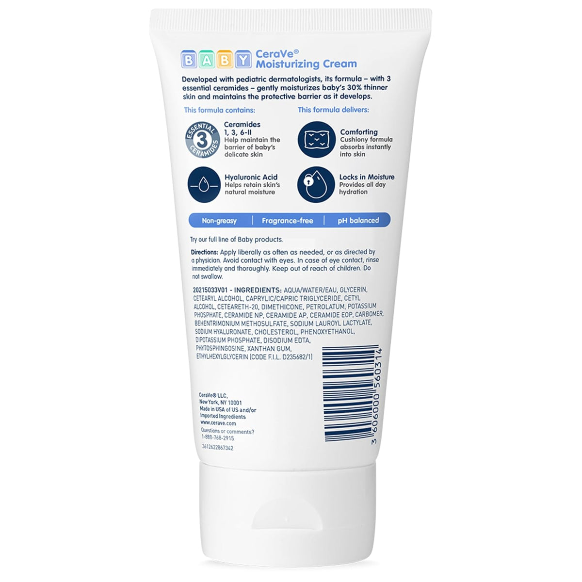 CERAVÉ BABY | Crema Hidratante para bebés | con Ceramidas y Ácido Hialurónico | Repara la barrera cutanea | 142ml