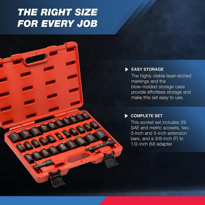 Neiko 02447A - Juego de llaves de impacto maestro de 1/2", surtido de 32 piezas de enchufes poco profundos | SAE estándar (3/8 pulgadas a 1-1/4 pulgadas) y métrico (10-32 mm) | Acero Cr-V