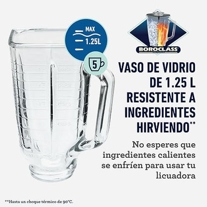 Oster Licuadora Clásica 1000 W con Vaso de Vidrio 1.25 L y 3 Velocidades | Prepara recetas frías y calientes, cuchilla trituradora de hielo, perilla ergonómica y acople metálico, BLST4128-013
