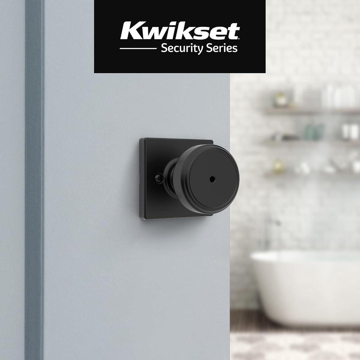 Kwikset Maven - perilla de puerta de privacidad interior con cerradura, manija de puerta cuadrada para baño y recámara, perilla de puerta sin llave negro mate, con protección Microban