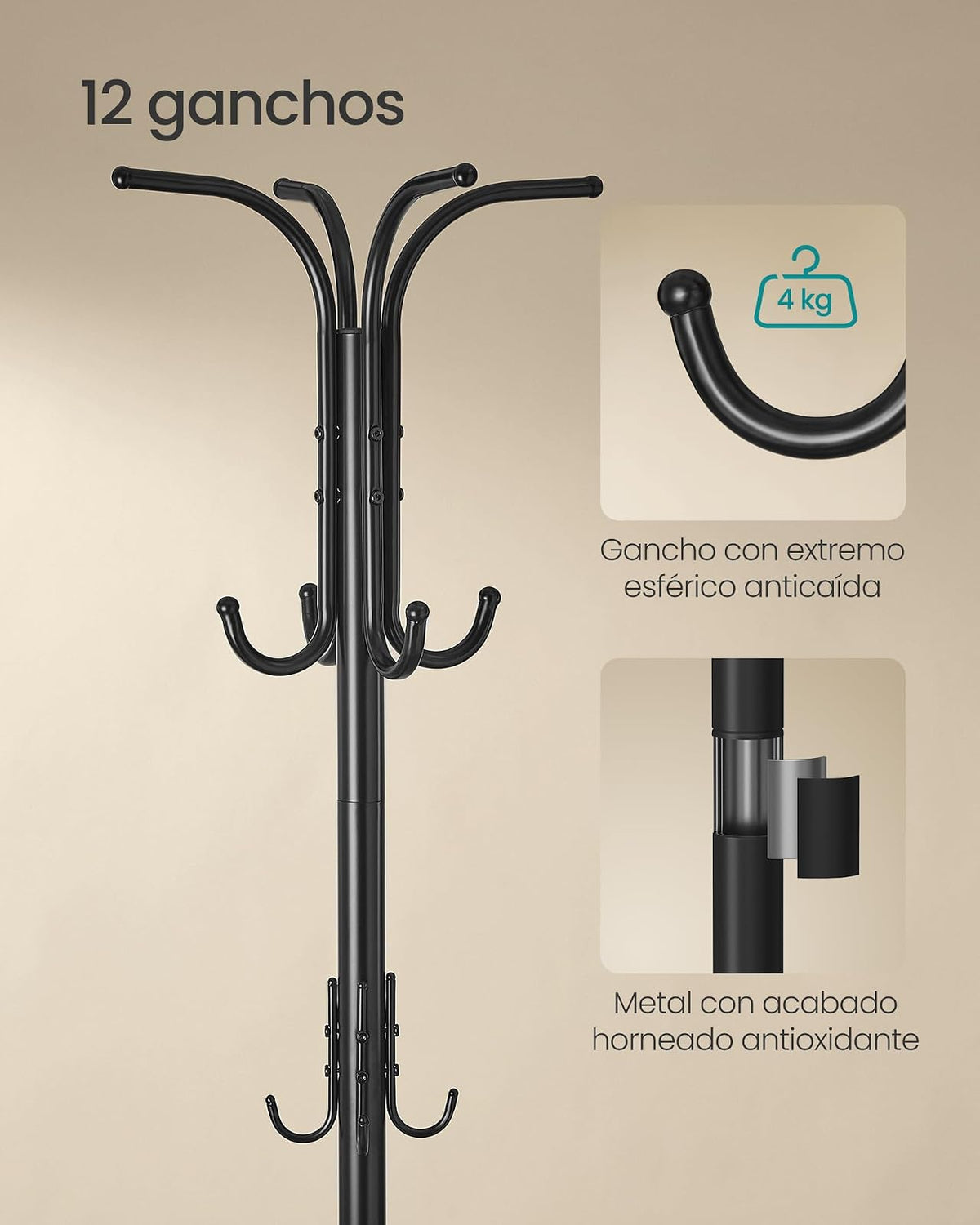 SONGMICS Perchero de Pie con 12 Ganchos y Porta Paraguas, Soporte Ajustable para Sala, Recámara y Pasillo, 30x30x175.5 cm MRCR011B01