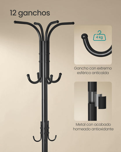 SONGMICS Perchero de Pie con 12 Ganchos y Porta Paraguas, Soporte Ajustable para Sala, Recámara y Pasillo, 30x30x175.5 cm MRCR011B01
