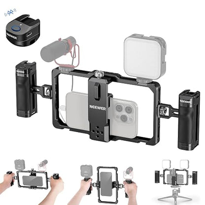 NEEWER Universal Phone Jaula Cage Video Rig con Side Handle de Obturador Bluetooth, Estabilizador de Movil Teléfono para Grabación Compatible con iPhone 15 Pro MAX 15 Pro Galaxy S24 Ultra, PA009E
