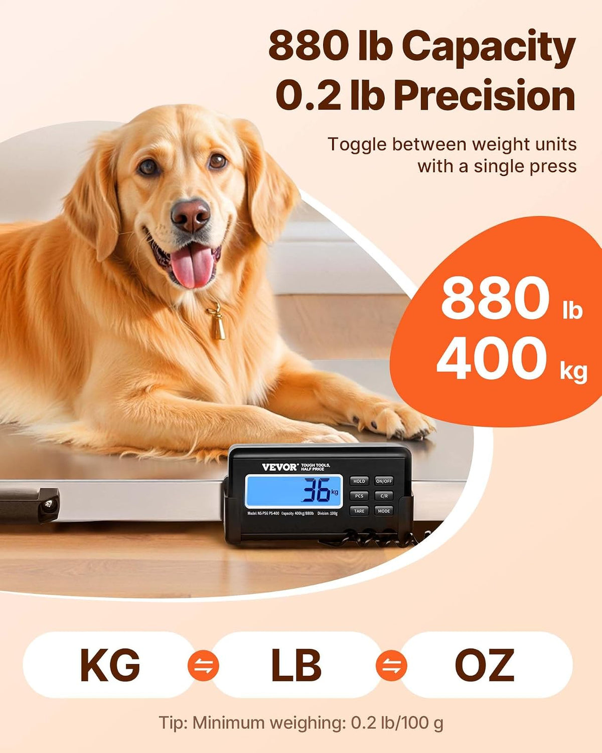 VEVOR - Escala de ganado de 800 libras x 0.25 libras, báscula de envío de plataforma grande, báscula de acero inoxidable de 40.6 x 20.9 pulgadas, báscula industrial de piso grande, escala de animales