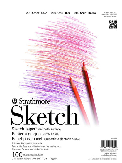 Strathmore - Bloc de bocetos de la Serie 200, 9 x 12 Pulgadas, 100 Hojas, Encuadernado con Cinta, Cuaderno de bocetos de Artista para Dibujo, ilustración, Estudiantes de Clase de Arte