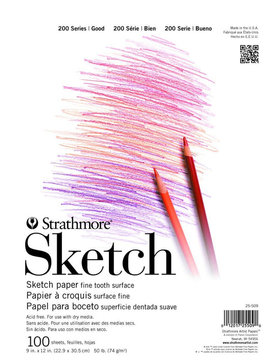 Strathmore - Bloc de bocetos de la Serie 200, 9 x 12 Pulgadas, 100 Hojas, Encuadernado con Cinta, Cuaderno de bocetos de Artista para Dibujo, ilustración, Estudiantes de Clase de Arte
