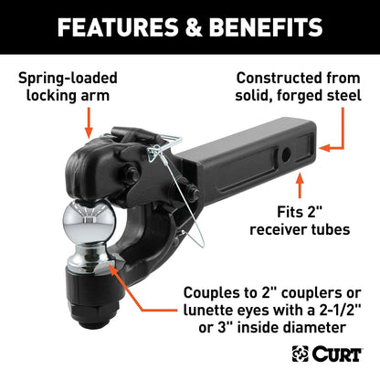 CURT Enganche con Bola de Remolque de 2 in 48007 para Receptor de 2 in, 16,000 LB, 15-1/4 in, Negro