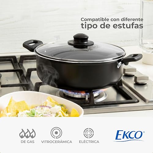 Ekco | Batería de Cocina 32 Piezas de Aluminio Antiadherente Negro | Antiadherente, fácil limpieza, tapas vidrio, utensilios nylon, comida saludable, calor uniforme, libre PFOA, certificado NOM