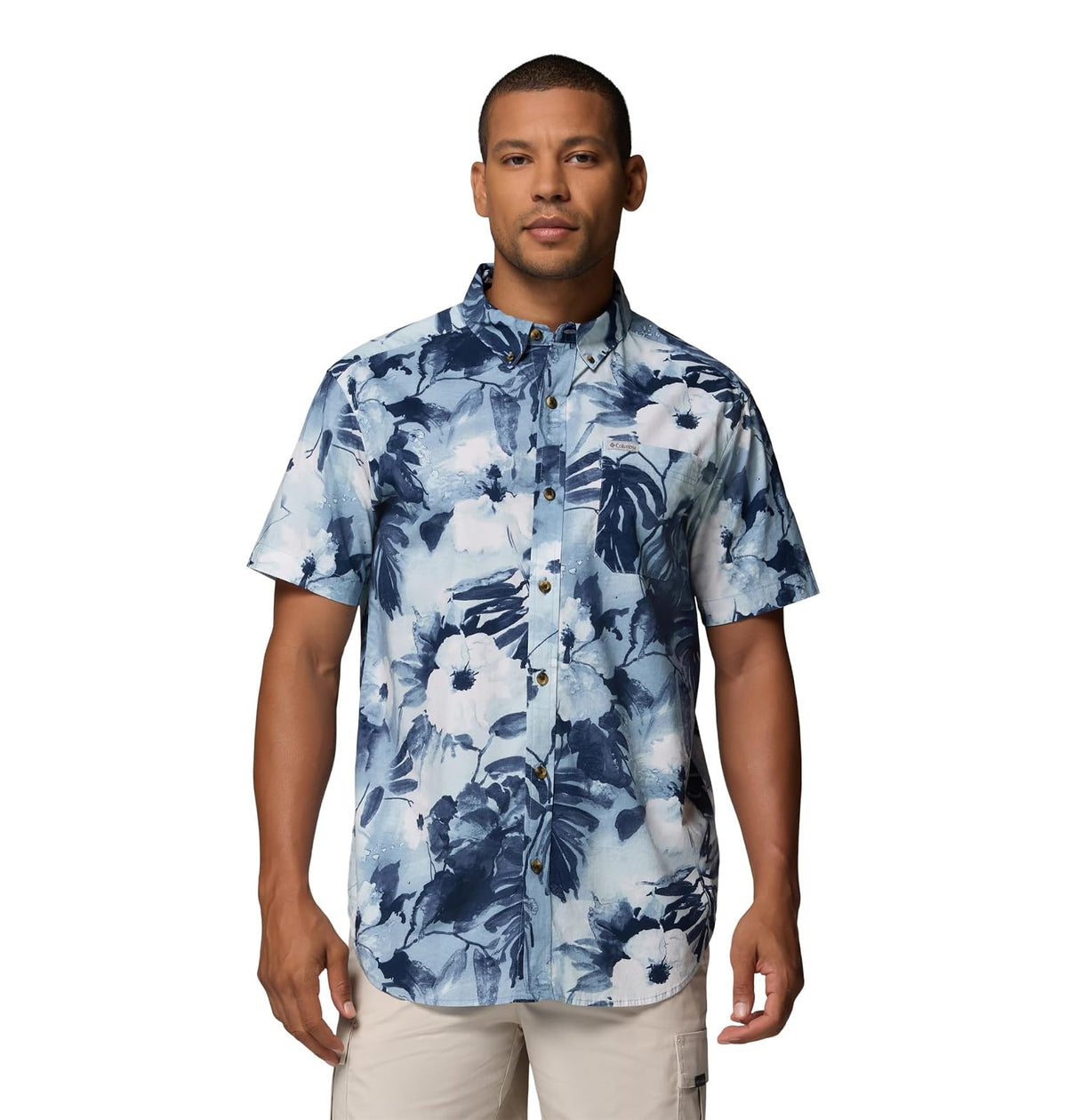 Columbia Rapid Rivers - Camisa de Manga Corta Estampada Camisa de Senderismo para Hombre - Azul marino universitario - desenfoque de flores - G
