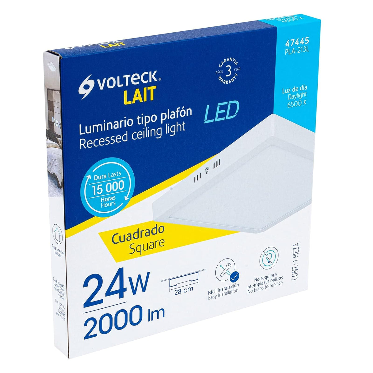 Volteck Lait PLA-213L, Luminario LED cuadrado tipo plafón 24 W color blanco luz de día
