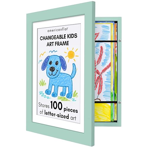 Marco de obras de arte para niños cambiable (verde marino) – Puerta magnética con capacidad para 100 piezas de arte, visualización de tamaño carta de 8.5 x 11 pulgadas con alfombrilla o 10 x 12.5