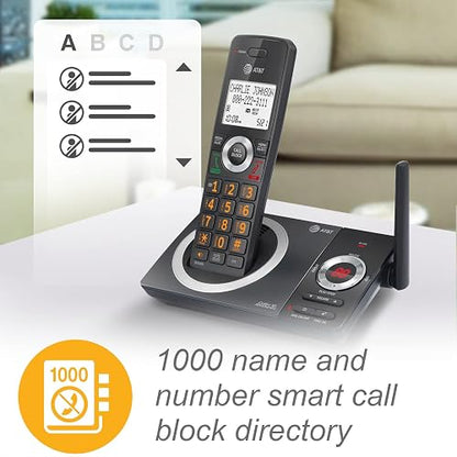 AT&T CL82219 Teléfono Inalámbrico DECT 6.0 | Negro, 2 auriculares, contestador, de llamadas, anunciador de ID, intercomunicador