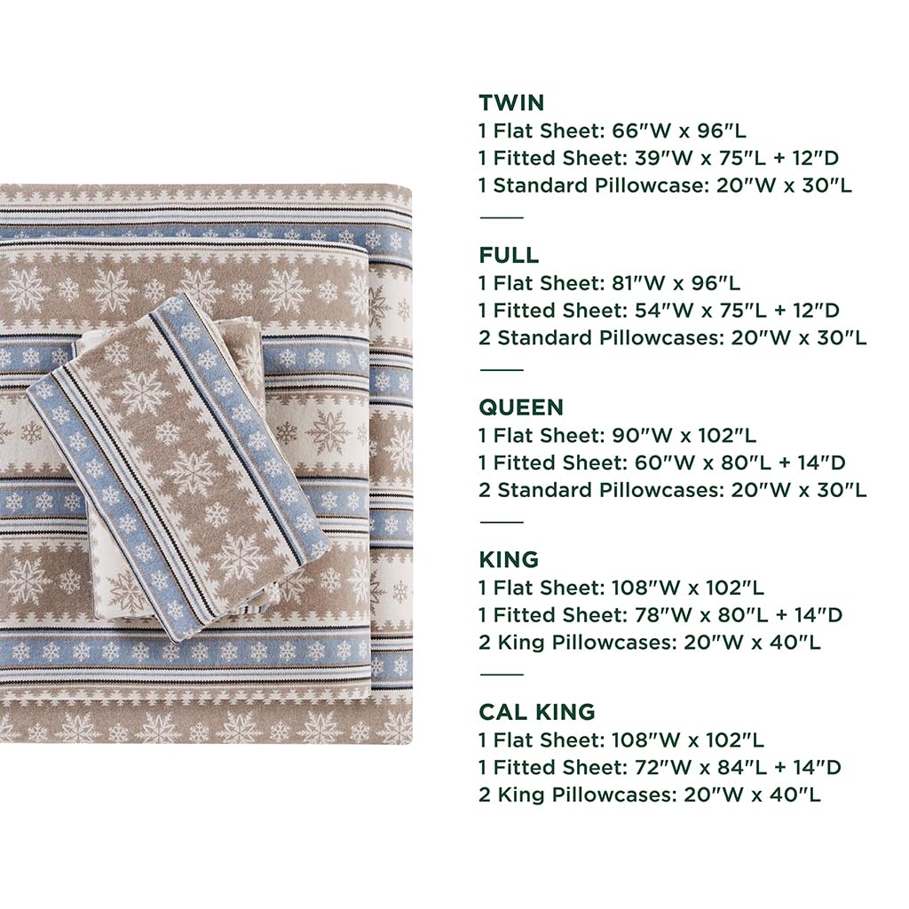 Woolrich - Juego de sábanas de algodón con Estampado de dijes de cabaña, 100% algodón, sábanas cálidas y peludas, tamaño Queen, Bolsillo Ajustado para colchones de hasta 14 Pulgadas, Copo de Nieve