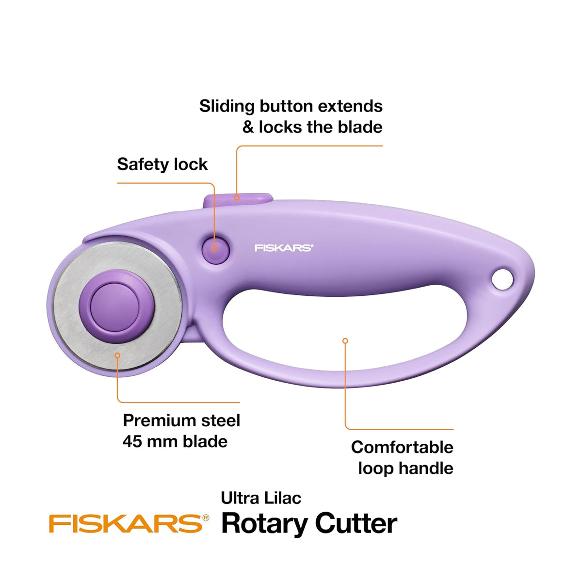 Fiskars - Cortador rotativo de bucle, Explore Collection Ultra Lila, hoja de acero de precisión para tela, fieltro y vinilo, 45 mm