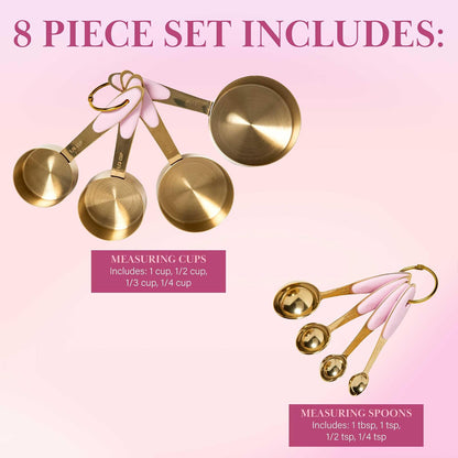 Paris Hilton - Juego de tazas y cucharas medidoras de acero inoxidable con mango de silicona rosa, apto para lavaplatos, para ingredientes secos y líquidos, juego de 8 piezas, dorado y rosa