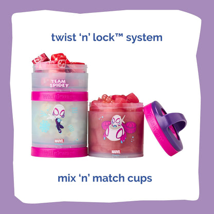 Whiskware Spider-Man Team Spidey - Recipientes apilables para bebés, niños y niños pequeños, 3 tazas apilables para aperitivos para la escuela o viajes, apto para portavasos, Gwen Stacy