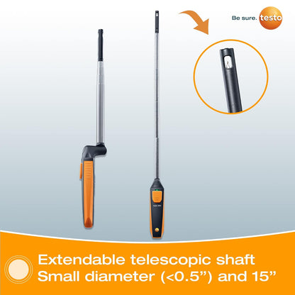 testo 405i Anemómetro de cable caliente I Sonda inteligente inalámbrica para velocidad del aire, flujo de aire y temperatura en el conducto