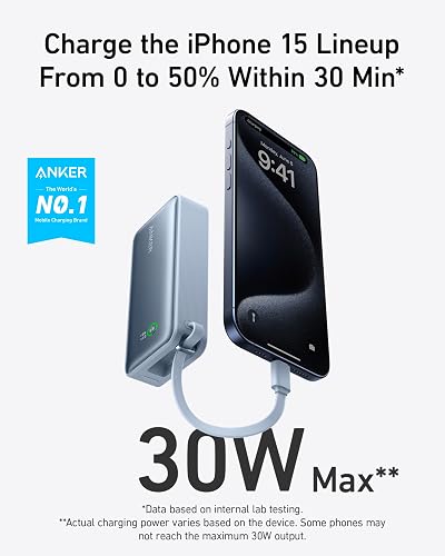 Anker Nano Powerbank 10.000 mAh Powerbank con Cable USB-C Integrado, PD 30 W de Potencia máxima con 1 x USB-C, 1 x USB-A, batería Compatible con iPhone14 Serie, MacBook, Galaxy, iPad y más (Azul)