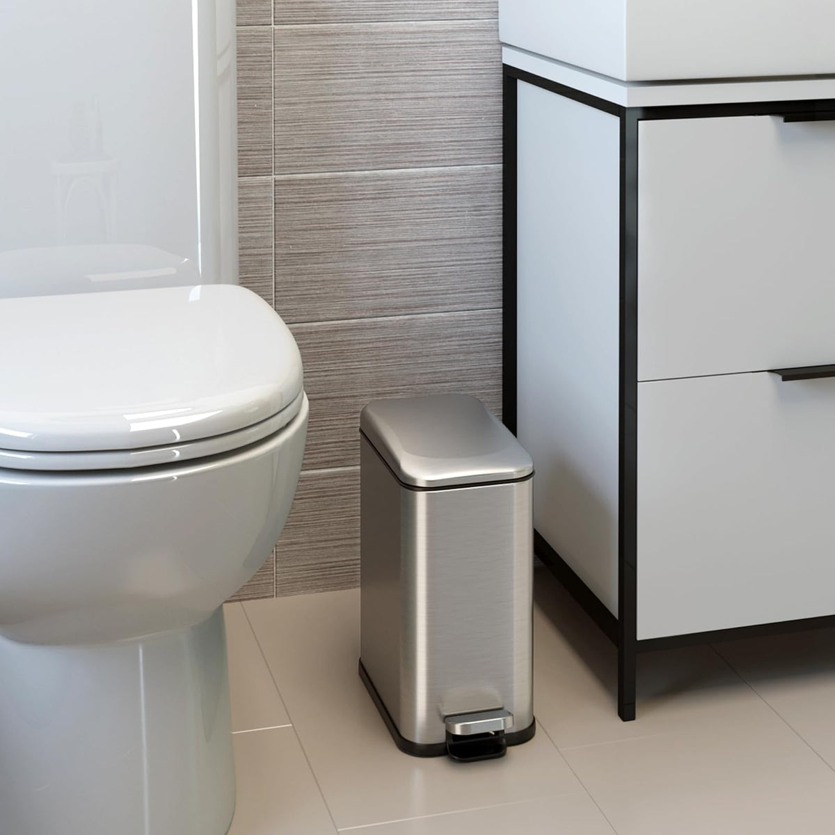 iTouchless SoftStep 1.3 Gallon Small Slim Bathroom Step Trash Can with Removable Inner Bucket & AbsorbX Odor Filter, Stainless Steel, 5 Liter Garbage Bin, Bathroom, Bedroom, Business Office Cubicle