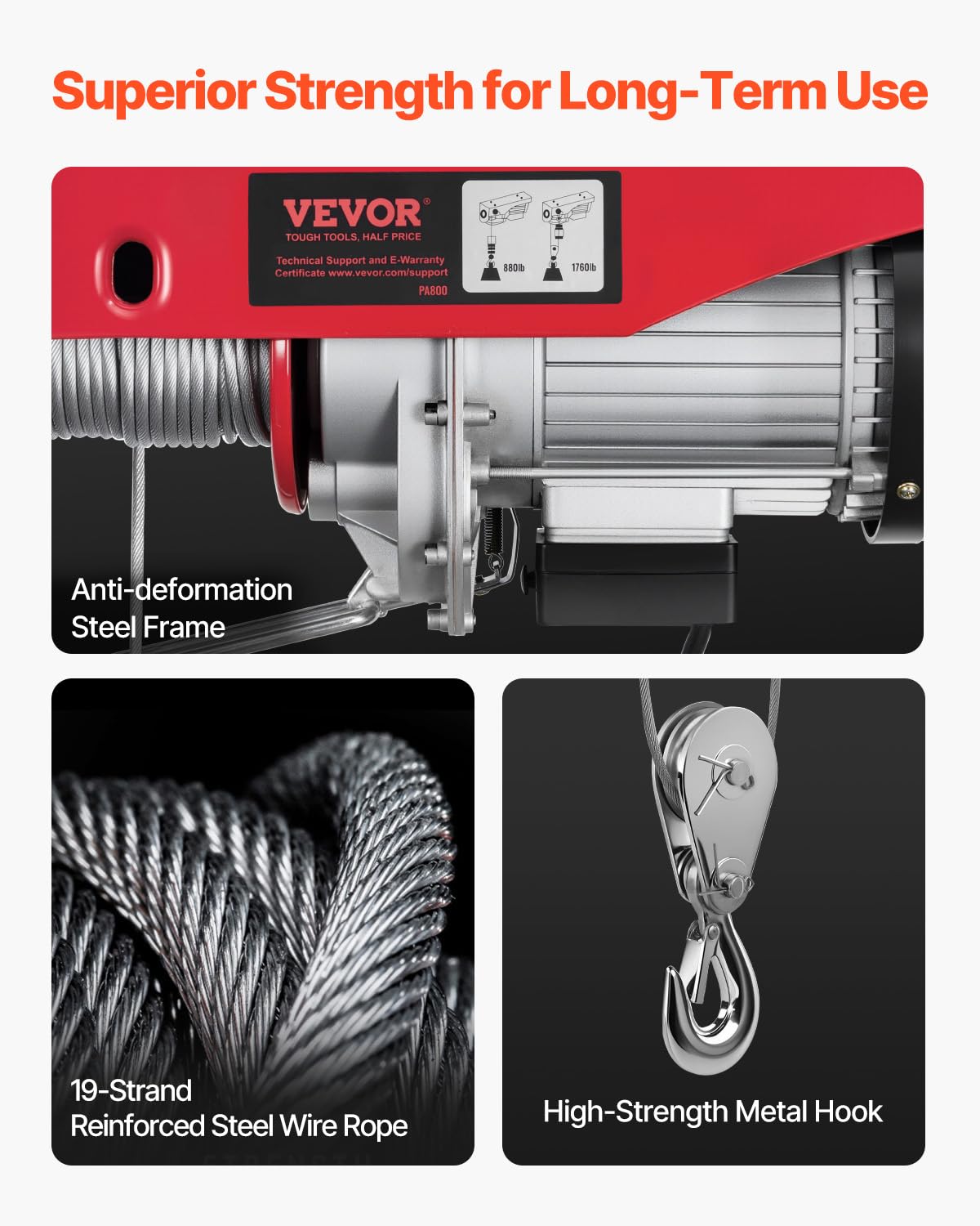 VEVOR - Polipasto eléctrico, cabrestante eléctrico de 120 V de 100 kg con control remoto inalámbrico de 300 pies, altura de elevación de un solo cable de 40 pies, eslingas individual/dobles, parada de
