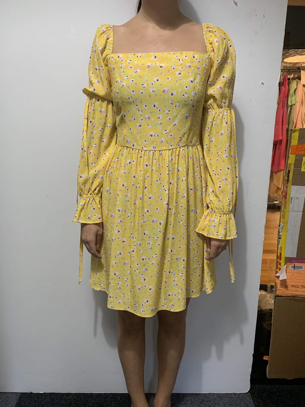 The Drop Yellow Floral Print Square Neck Long Puff Sleeve Mini Dress Vestido Casual Mujer