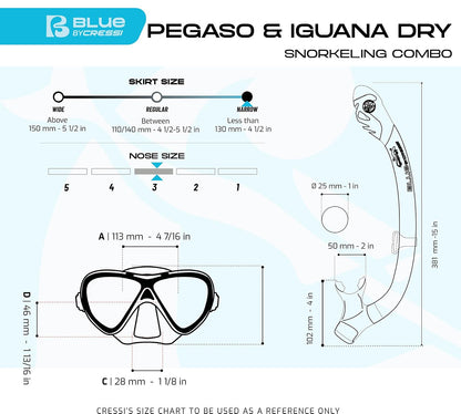 Cressi Juego de Silicona para esnórquel (máscara y esnórquel seco) para niños de 7 a 15 años | Pegaso e Iguana Dry: diseñado en Italia