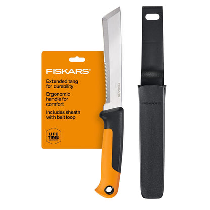 Fiskars - Cuchillo de cosecha con borde dentado, herramienta de mano de jardinería con hoja de punta plana y vaina, perfecto para tallos gruesos y tallos