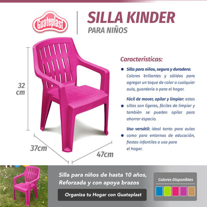 Guateplast Silla Infantil Kinder Pequeña | Fucsia, plástico polipropileno, estructura de hierro, apilable, para guardería, escuela y hogar