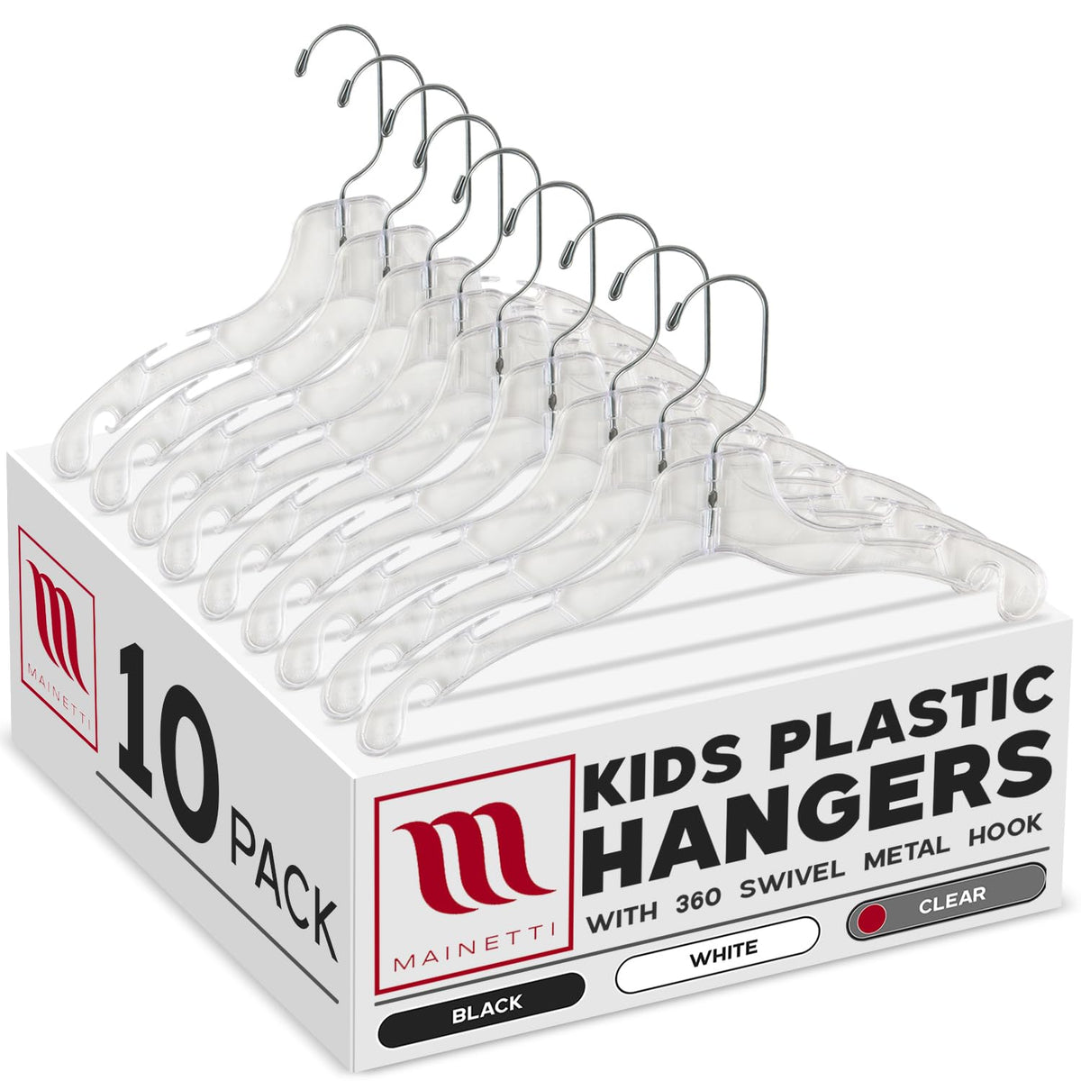 Mainetti 5075 - Perchas de plástico transparente con 360 ganchos giratorios de metal y muescas para correas, ideales para camisas de niños, blusas/vestidos, 12 pulgadas (paquete de 10)