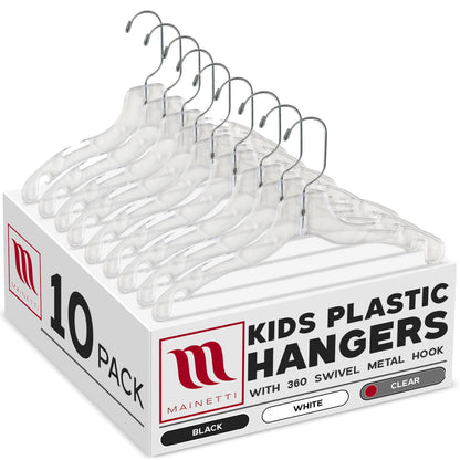 Mainetti 5075 - Perchas de plástico transparente con 360 ganchos giratorios de metal y muescas para correas, ideales para camisas de niños, blusas/vestidos, 12 pulgadas (paquete de 10)
