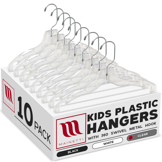 Mainetti 5075 - Perchas de plástico transparente con 360 ganchos giratorios de metal y muescas para correas, ideales para camisas de niños, blusas/vestidos, 12 pulgadas (paquete de 10)