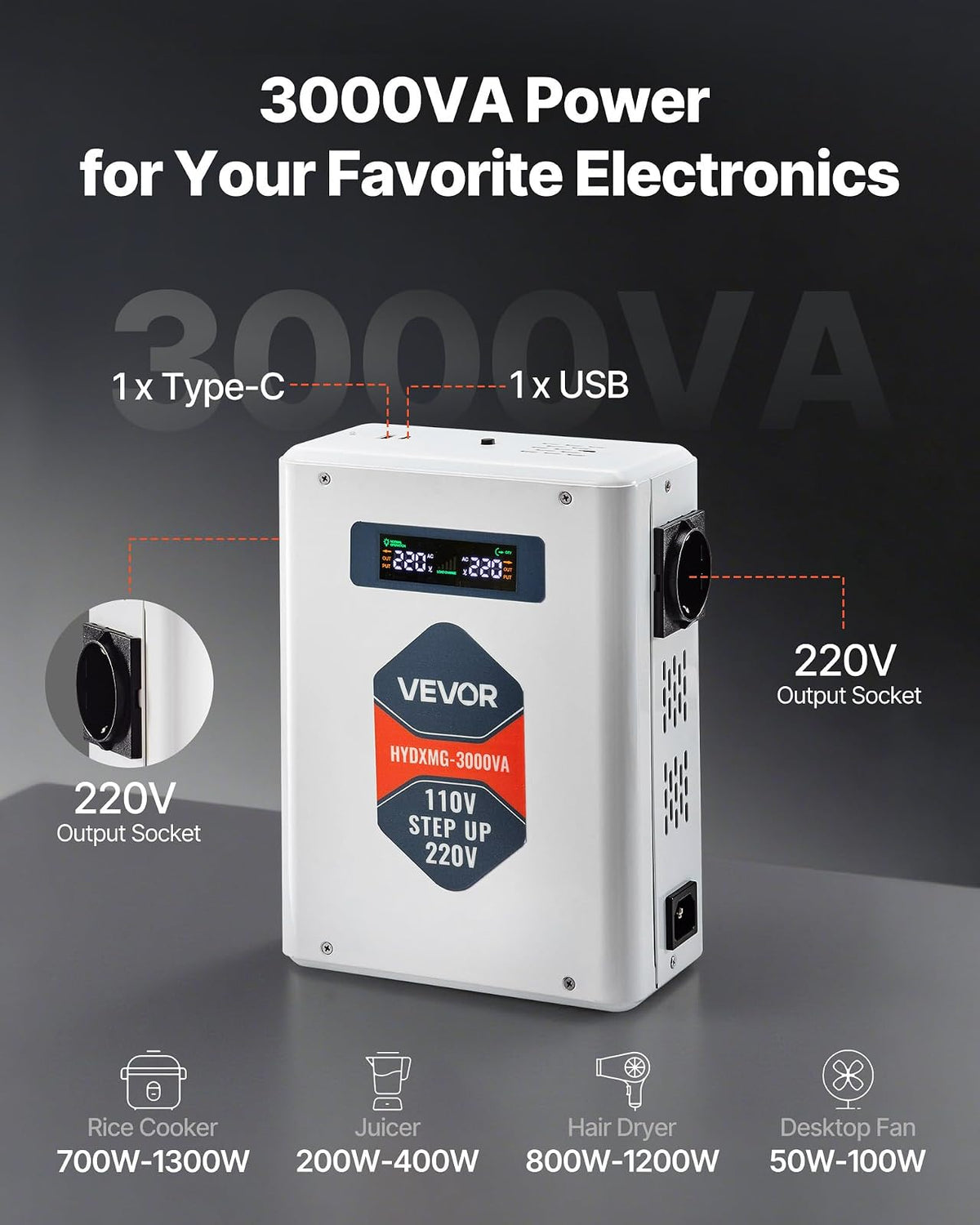 VEVOR Convertidor Elevador de Voltaje 3000 VA, Transformador de Potencia 110 V a 220 V de Alta Resistencia con 2 Tomas de Corriente de la UE, Salida USB, Pantalla LCD, Protección de Temperatura