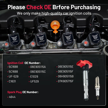 BDFHYK BD-05-07513-CK Bobina de Encendido UF529 y Bujías de Iridio para Audi A3/A4/A5/Q5/TT, VW 1.8L/2.0L L4/3.0L/3.2L V6
