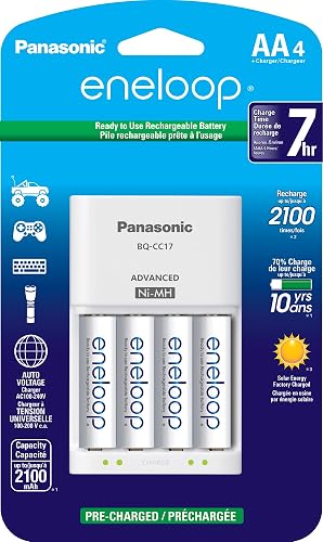 Panasonic - Cargador avanzado de baterías individuales con pilas recargables AA Eneloop, nuevas baterías recargables de 2100 ciclos, paquete de 4, blanco