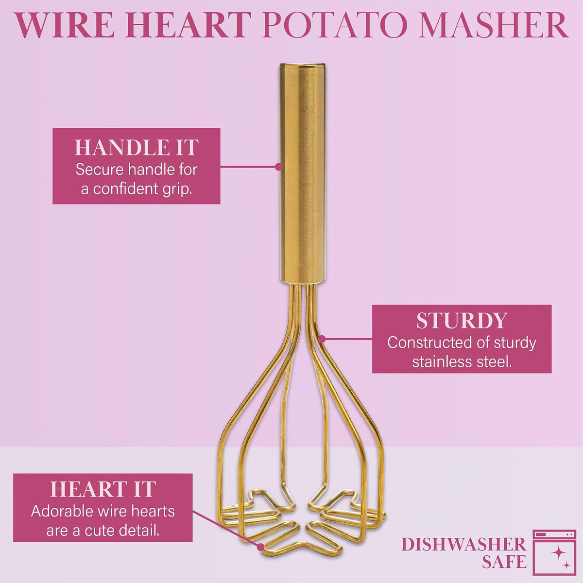 Paris Hilton - Triturador de patatas de acero inoxidable duradero con diseño de alambre en forma de corazón, apto para lavaplatos, rosa