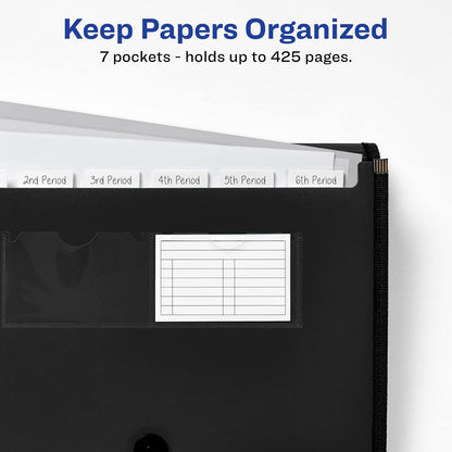 Avery Organizador expandible de carpetas de archivos, organizador de archivos de acordeón de 7 bolsillos, negro, capacidad para 425 hojas de tamaño carta/A4 (73550)