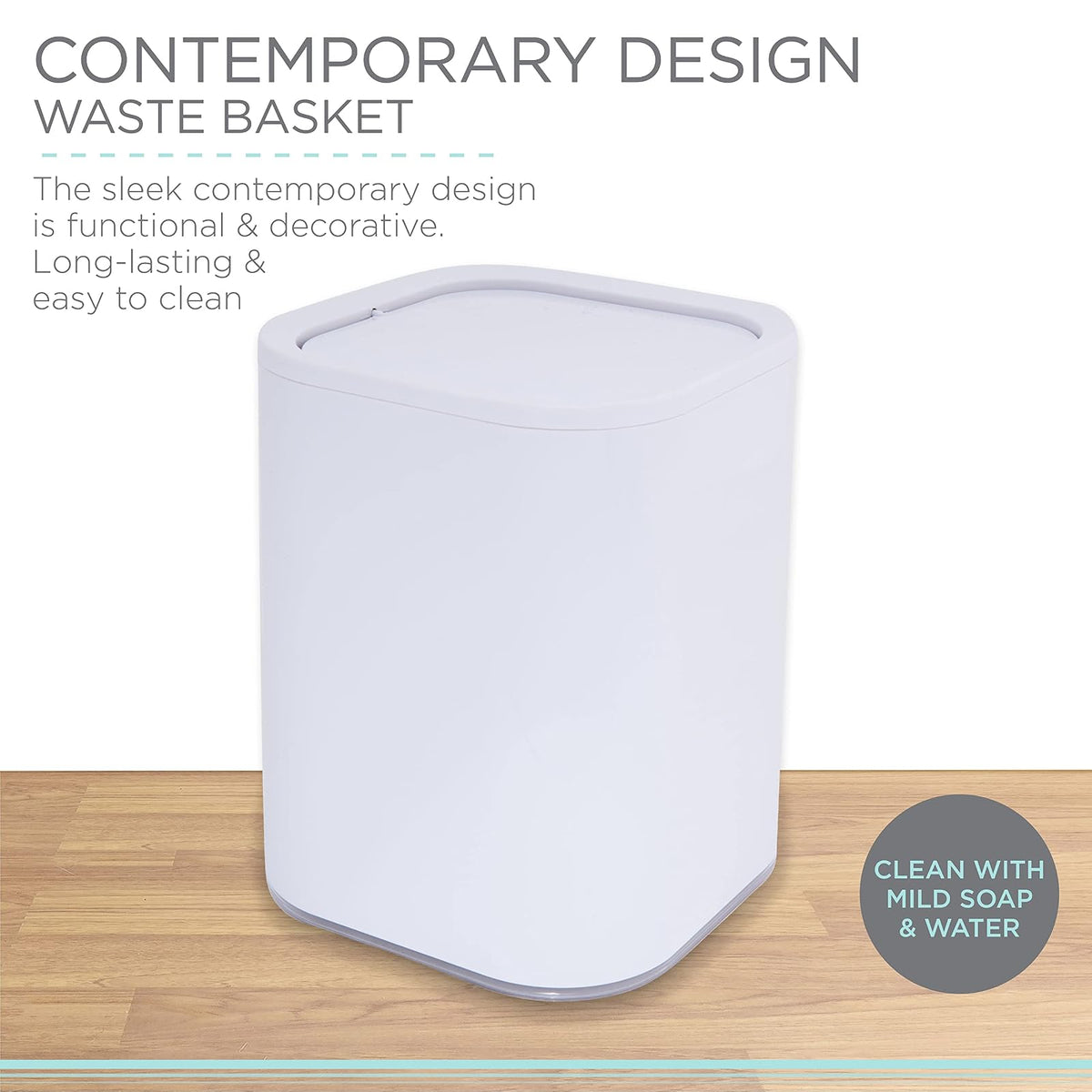 Bath Bliss Papelera acrílica de 8 litros | Tapa superior con peso | Bote de basura pequeño | Contenedor de basura | Diseño contemporáneo | Baño | recámara | Oficina | recámara | Blanco