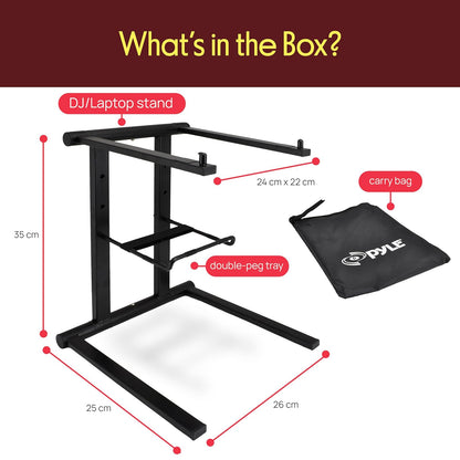 Pyle PLPTS47 - Soporte universal para equipo de estudio, soporte de mesa, estación de trabajo con sistema de sonido DJ y estantes de dos niveles, Dobladillo