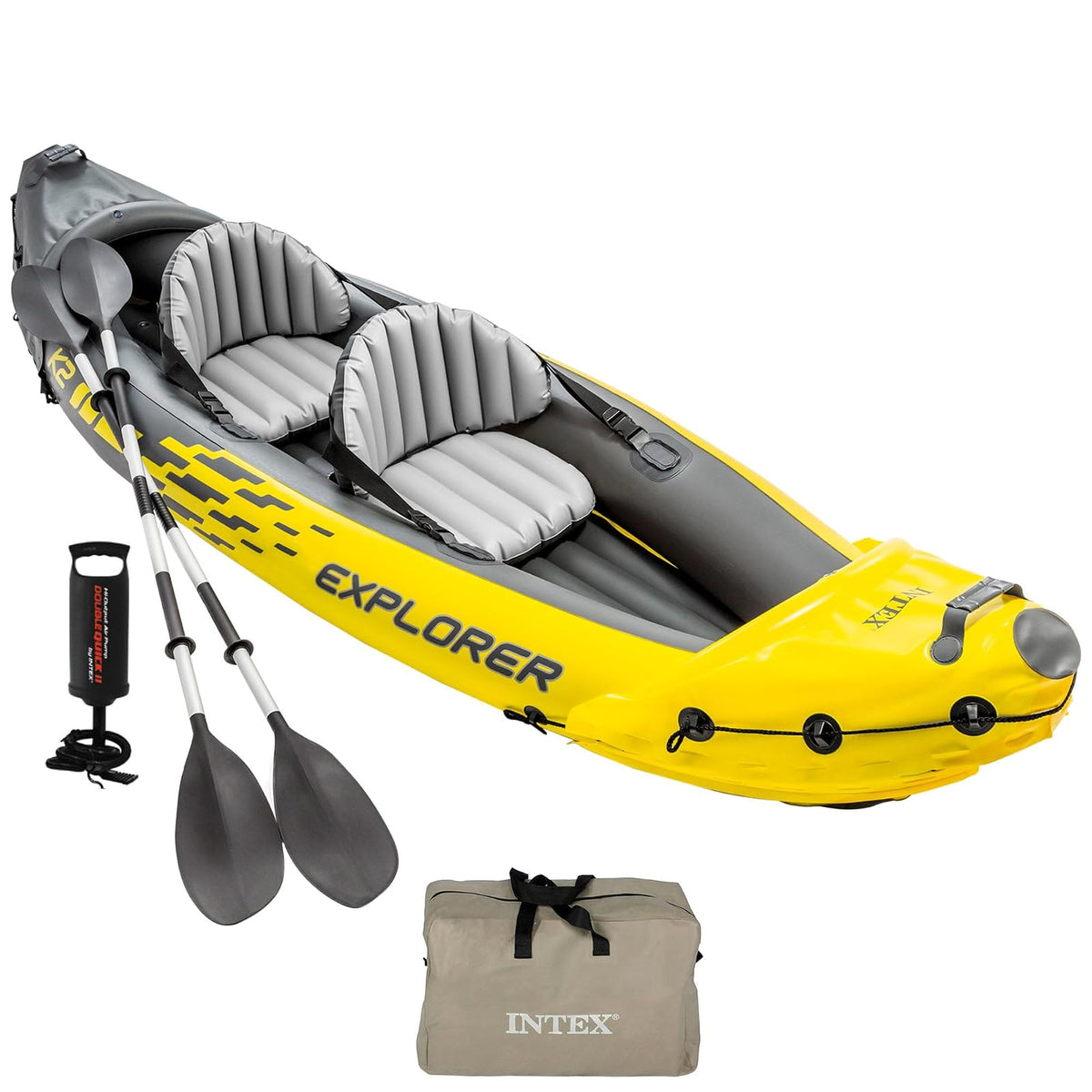 Intex Explorer K2 Kayak - Kayak Inflable para 2 Personas con Orejas de Aluminio y Bomba de Aire de Alta Salida