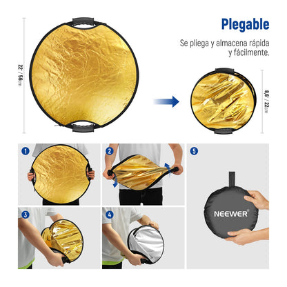 NEEWER Reflector de Luz de 22"/56cm con Empuñadura Rosca 3/8", Difusor de Luz de Disco Plegable 5 en 1 Translúcido/Plateado/Dorado/Blanco/Negro para Iluminación Fotográfica, para Exteriores, RF-110II