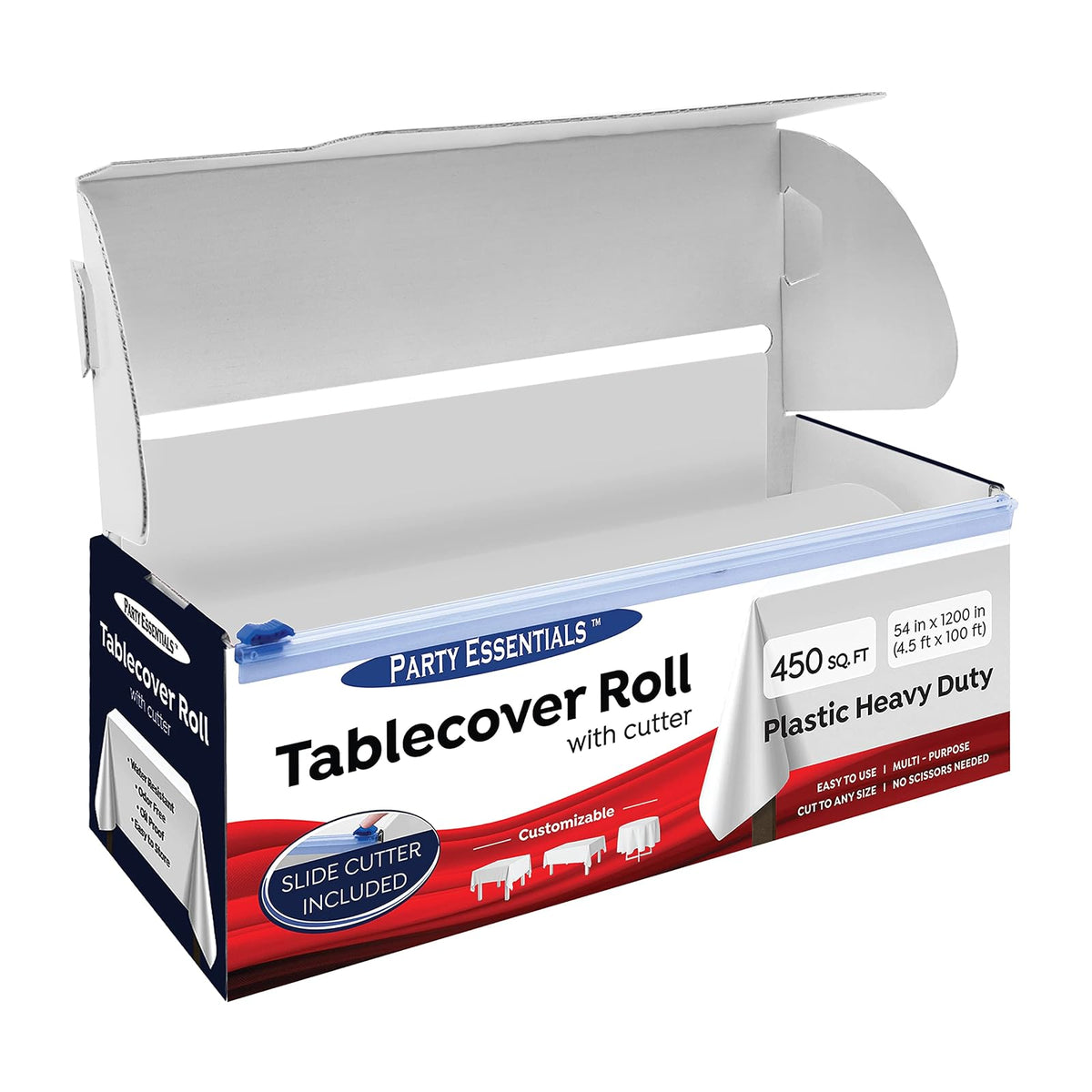 Party Essentials Rollo de Mesa de Banquete de plástico Resistente Disponible en 27 Colores, 54 Pulgadas x 100 pies con Cortador Deslizante, Blanco, (100 WH)