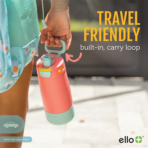 Ello Kids Colby Botella de agua aislada de acero inoxidable de 12 onzas con popote y posavasos de silicona integrados, asa de transporte y tapa de bloqueo a prueba de fugas para mochila escolar,