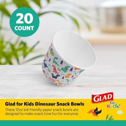 Glad for Kids - Cuencos de papel de dinosaurio, 20 unidades, tapas no incluidas, cuencos desechables con diseño de dinosaurio, para niños, cuencos de papel desechables resistentes para uso diario, 12