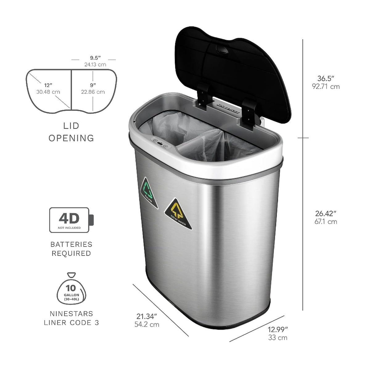 NINESTARS - Bote de Basura reciclable con Sensor de Movimiento de Acero Inoxidable DZT-70-11R, galones, 70 litros/18,5 galones, Plateado/Negro