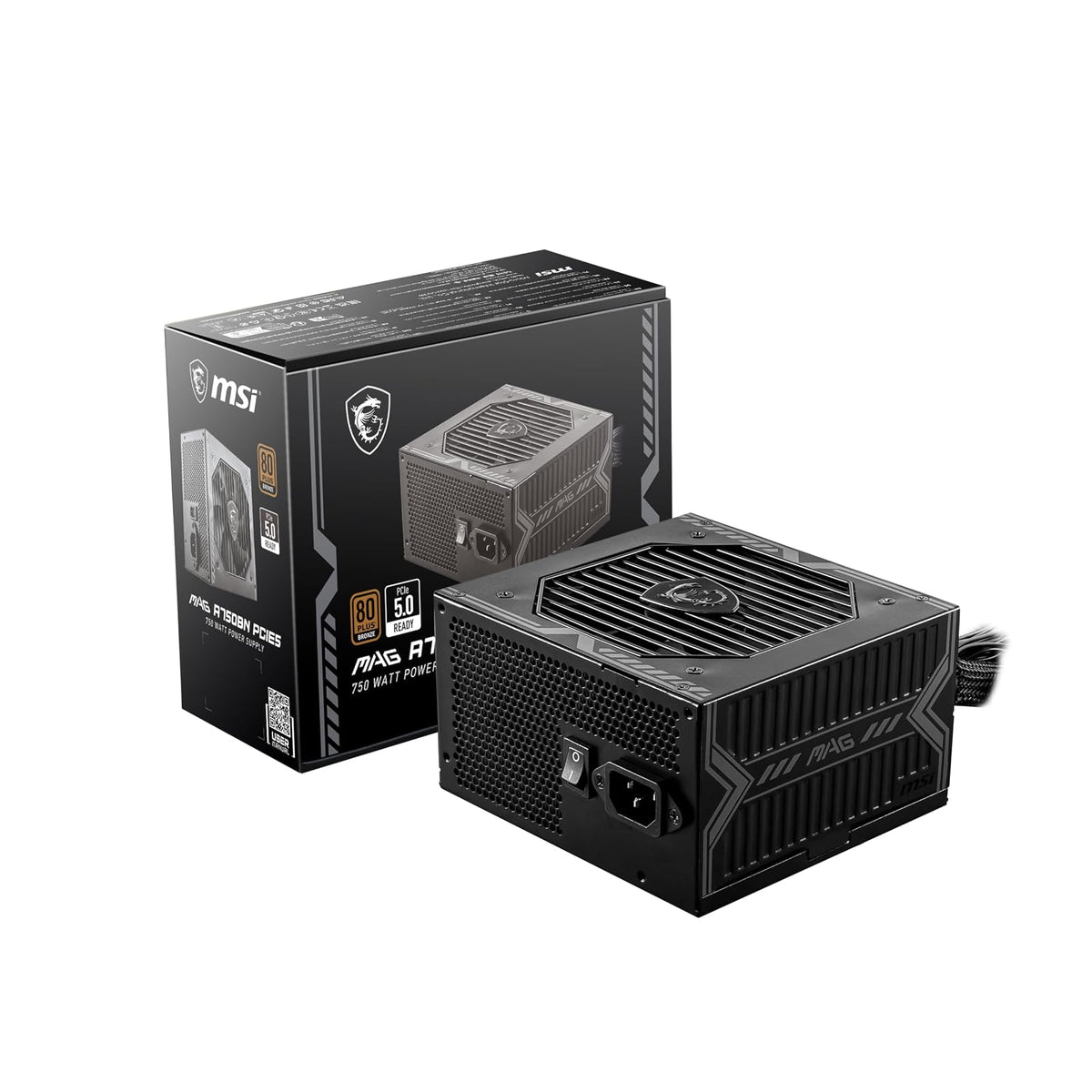 MSI mag A750BN PCIE 5 Fuente de alimentación para Juegos - PCIE 5.1 Ready - 80 Plus Certificado de Bronce 750w - Tamaño Compacto - ATX PSU