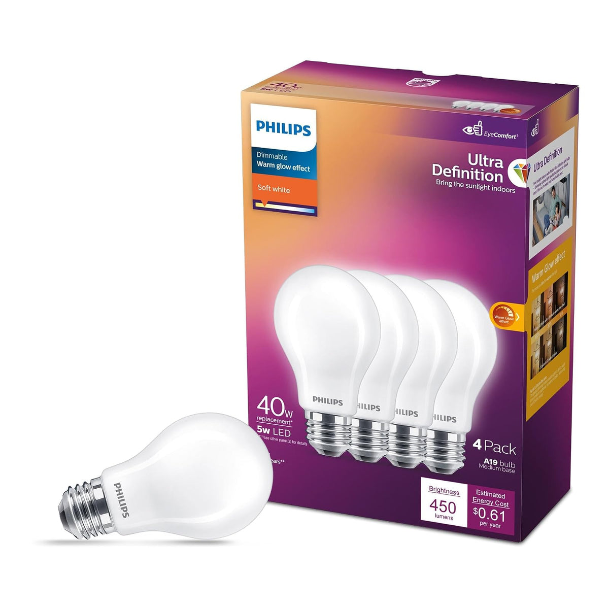 Philips Foco LED A19 CRI95 Regulable 450 Lúmenes - blanco, (Soft White (2700K)) - Paquete de 4 - 40 W - 40 W