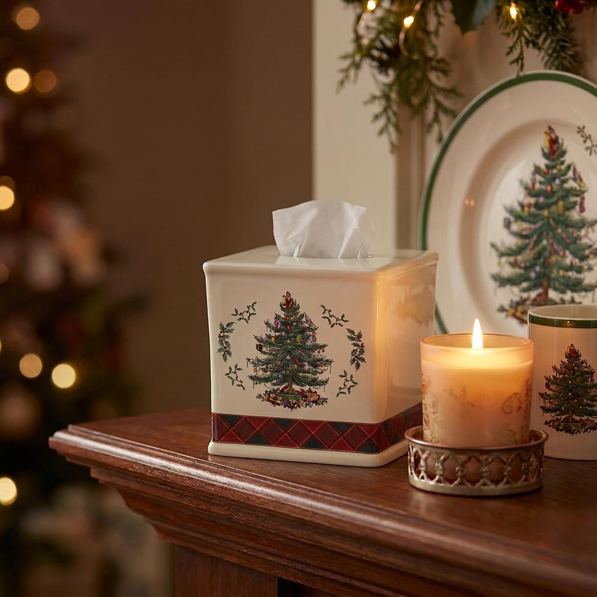Spode - Funda de Caja de pañuelos, Accesorios de baño de Resina, decoración de baño de día Festivo (colección de tartán para árbol de Navidad)