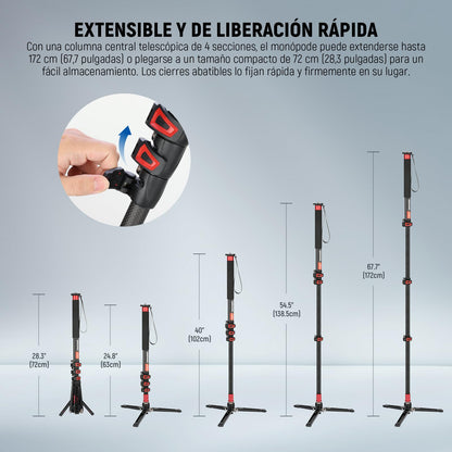 NEEWER 71,6" Monopié Cámara, Trípode Viaje Ligero Fibra Carbono con Base Desmontable para Grabación Video con Videocámara DSLR, Palo Selfie Telescópico y Trekking Bastón, Carga Máxima 6kg, TP71