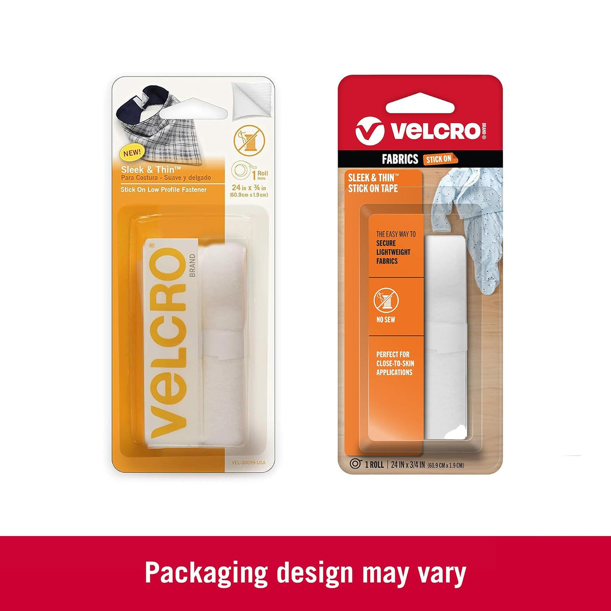 Cinta adhesiva elegante y delgada de la marca VELCRO para telas, 24 x 3/4 pulgadas, color blanco, suave en la piel, ultra ligera, parte trasera adhesiva, no necesita costura