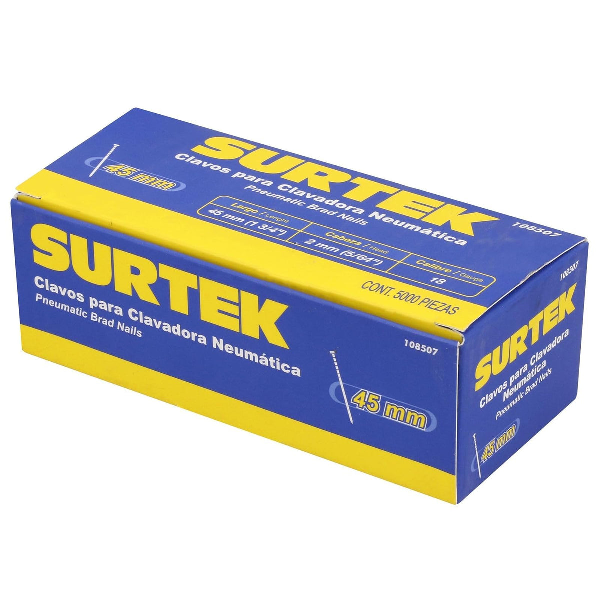 Surtek 108507 Clavos para clavadora neumática, 5000 piezas calibre 18, largo 1-3/4"